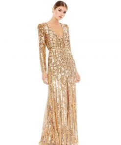Mac Duggal Bridesmaid Dresses Metallic Sequined Long Sleeve Gown