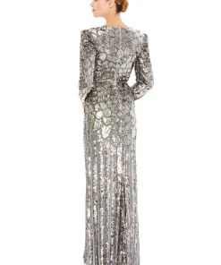 Mac Duggal Bridesmaid Dresses Metallic Sequined Long Sleeve Gown