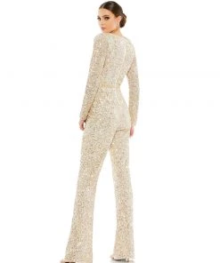 Mac Duggal Sequined Long Sleeve Illusion Plunge Neck Jumpsuit