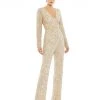 Mac Duggal Sequined Long Sleeve Illusion Plunge Neck Jumpsuit