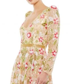 Mac Duggal Shop For Long Sleeve Floral Beaded Midi Dress