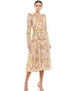Mac Duggal Shop For Long Sleeve Floral Beaded Midi Dress
