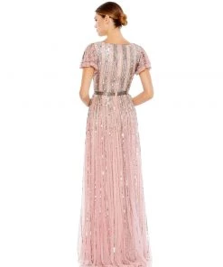 Mac Duggal Stripe Sequin V-Neck Gown Shop For