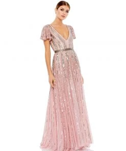 Mac Duggal Stripe Sequin V-Neck Gown Shop For