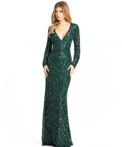 Mac Duggal Long Sleeve Beaded V-Neck Gown