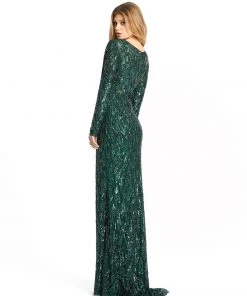 Mac Duggal Long Sleeve Beaded V-Neck Gown