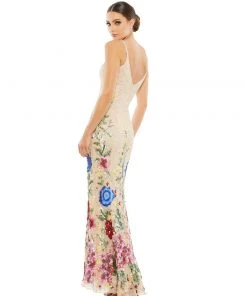Mac Duggal Floral Embellished Spaghetti Strap Gown