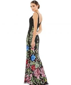 Mac Duggal Floral Embellished Spaghetti Strap Gown