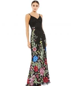 Mac Duggal Floral Embellished Spaghetti Strap Gown