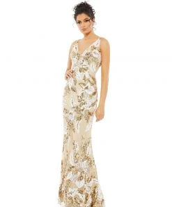Mac Duggal Floral Embellished Sequined Gown