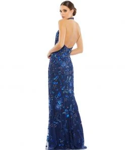 Mac Duggal Floral Embellished Halter Gown