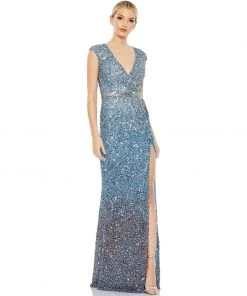 Mac Duggal Shop For Cap Sleeve Sequined High Slit Gown