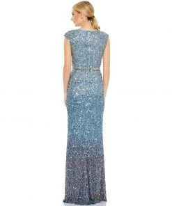 Mac Duggal Shop For Cap Sleeve Sequined High Slit Gown