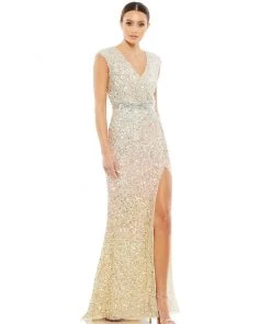 Mac Duggal Shop For Cap Sleeve Sequined High Slit Gown