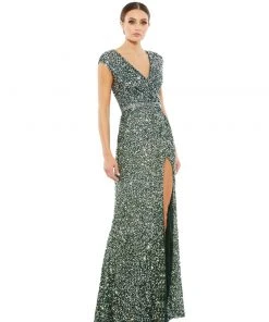 Mac Duggal Shop For Cap Sleeve Sequined High Slit Gown