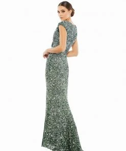 Mac Duggal Shop For Cap Sleeve Sequined High Slit Gown