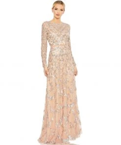 Mac Duggal Embellished Illusion High Neck Long Sleeve A Line Gown Shop For