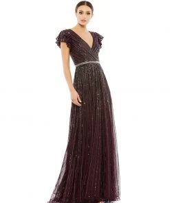 Mac Duggal Sequined Wrap Over Ruffled Cap Sleeve Gown Shop For
