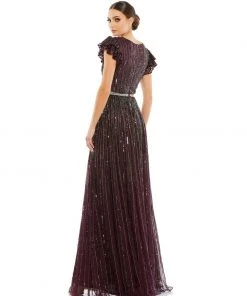 Mac Duggal Sequined Wrap Over Ruffled Cap Sleeve Gown Shop For