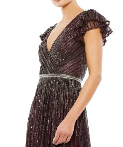 Mac Duggal Sequined Wrap Over Ruffled Cap Sleeve Gown Shop For