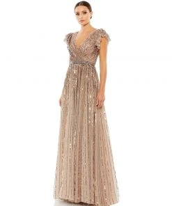 Mac Duggal Sequined Wrap Over Ruffled Cap Sleeve Gown Shop For