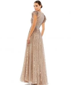 Mac Duggal Sequined Wrap Over Ruffled Cap Sleeve Gown Shop For