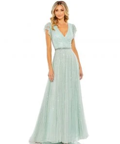 Mac Duggal Sequined Wrap Over Ruffled Cap Sleeve Gown Shop For