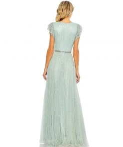 Mac Duggal Sequined Wrap Over Ruffled Cap Sleeve Gown Shop For