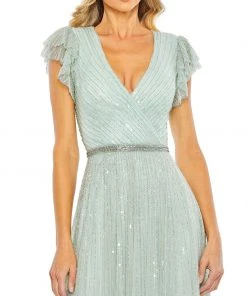 Mac Duggal Sequined Wrap Over Ruffled Cap Sleeve Gown Shop For