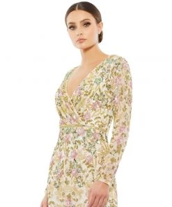 Mac Duggal Long Sleeve Floral Embellished Gown Shop For