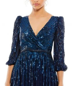 Mac Duggal Sequined Elbow Sleeve Surplice Gown Shop For