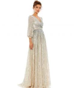 Mac Duggal Sequined Elbow Sleeve Surplice Gown Shop For