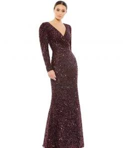 Mac Duggal Shop For Puff Shoulder Sequined Surplice Gown