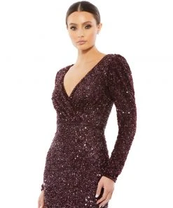 Mac Duggal Shop For Puff Shoulder Sequined Surplice Gown