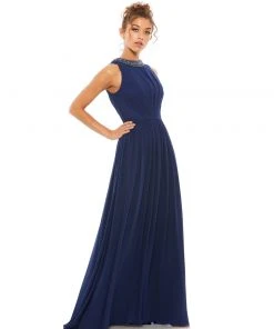 Ieena For Mac Duggal Bejeweled Neckline Pleated Chiffon Gown Shop For