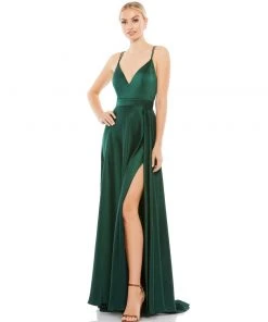 Ieena For Mac Duggal Satin Strappy-Back High Slit Gown 11 Ieena For Mac Duggal Satin Strappy-Back High Slit Gown