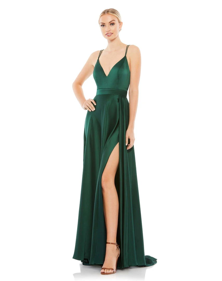 Ieena For Mac Duggal Satin Strappy-Back High Slit Gown 3 Ieena For Mac Duggal Satin Strappy-Back High Slit Gown