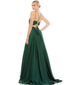 Ieena For Mac Duggal Satin Strappy-Back High Slit Gown 12 Ieena For Mac Duggal Satin Strappy-Back High Slit Gown