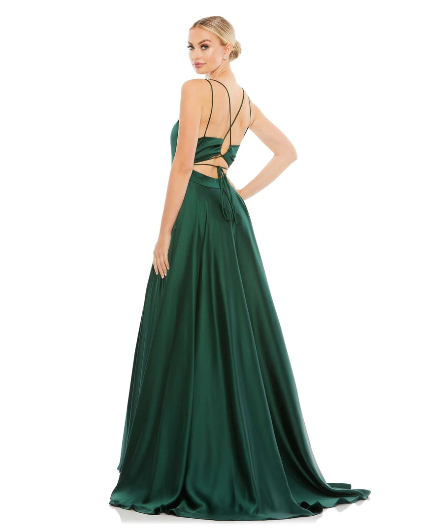 Ieena For Mac Duggal Satin Strappy-Back High Slit Gown 4 Ieena For Mac Duggal Satin Strappy-Back High Slit Gown