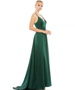 Ieena For Mac Duggal Satin Strappy-Back High Slit Gown 13 Ieena For Mac Duggal Satin Strappy-Back High Slit Gown