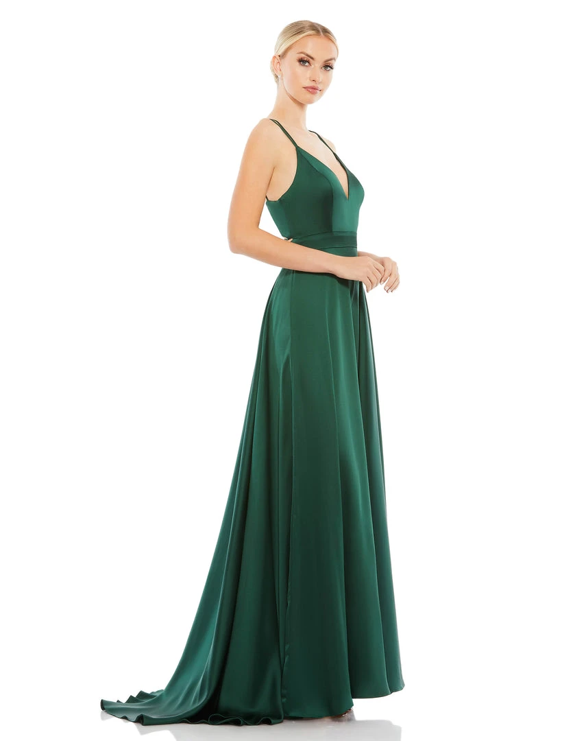 Ieena For Mac Duggal Satin Strappy-Back High Slit Gown 5 Ieena For Mac Duggal Satin Strappy-Back High Slit Gown