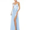 Ieena For Mac Duggal Satin Strappy-Back High Slit Gown