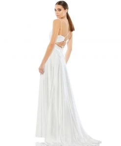 Ieena For Mac Duggal Satin Strappy-Back High Slit Gown 16 Ieena For Mac Duggal Satin Strappy-Back High Slit Gown