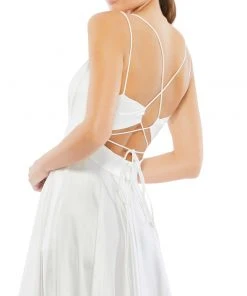 Ieena For Mac Duggal Satin Strappy-Back High Slit Gown 17 Ieena For Mac Duggal Satin Strappy-Back High Slit Gown