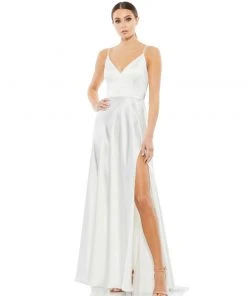 Ieena For Mac Duggal Satin Strappy-Back High Slit Gown 15 Ieena For Mac Duggal Satin Strappy-Back High Slit Gown