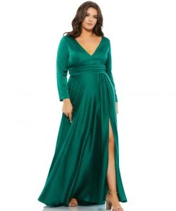 Mac Duggal Classic Satin Long Sleeve Evening Gown (Plus)