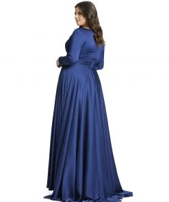 Mac Duggal Classic Satin Long Sleeve Evening Gown (Plus)