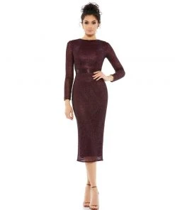 Mac Duggal Long Sleeve Lattice Beaded Midi Cocktail Dress