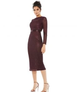 Mac Duggal Long Sleeve Lattice Beaded Midi Cocktail Dress