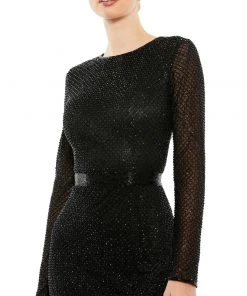 Mac Duggal Long Sleeve Lattice Beaded Midi Cocktail Dress